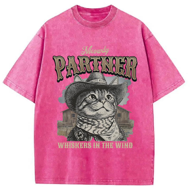 Modecanvas Meowdy Partner Cowboy Cat DTG Printing Washed T-Shirt