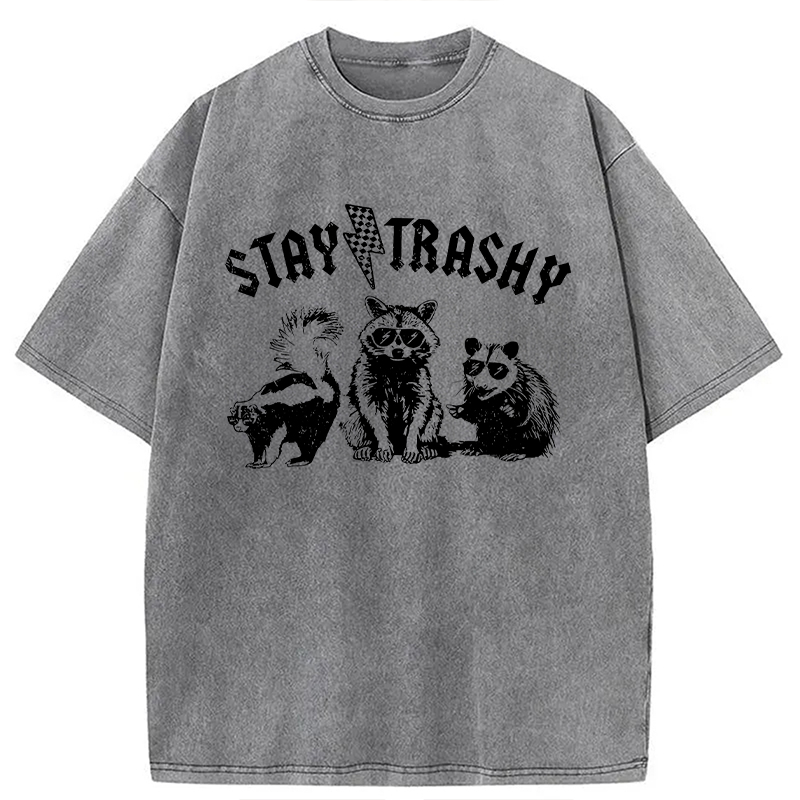 Modecanvas Stay Trashy Funny Raccoon DTG Printing Washed T-Shirt