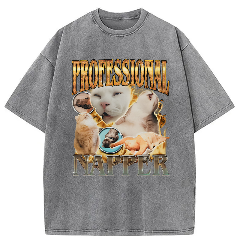 Modecanvas Professional Napper Funny Cat DTG Printing Washed T-Shirt