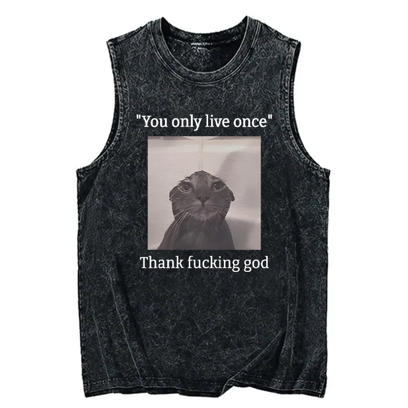 Modecanvas Funny Depressed Meme Cat DTG Printing Washed Tank-modecanvas