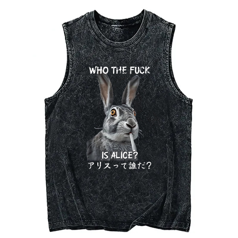 Modecanvas Who The Fvck Is Alice Funny Rabbit Smoking DTG Printing Washed Tank-modecanvas