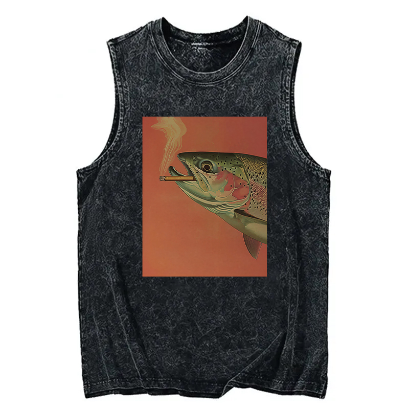 Modecanvas Trout Smoking A Cigarette DTG Printing Washed Tank-modecanvas