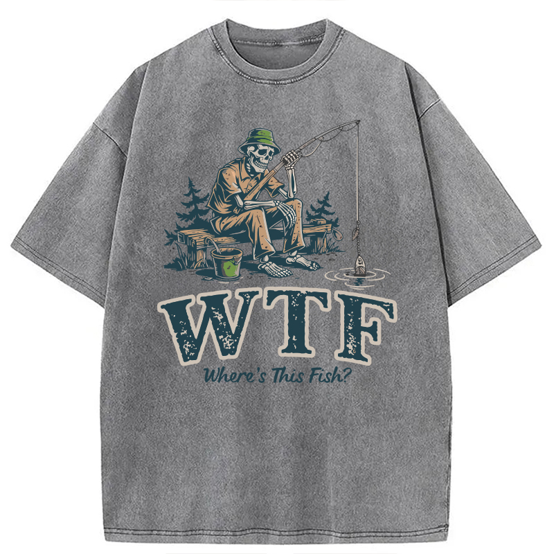 Modecanvas Funny WTF Where Is The Fish DTG Printing Washed T-Shirt