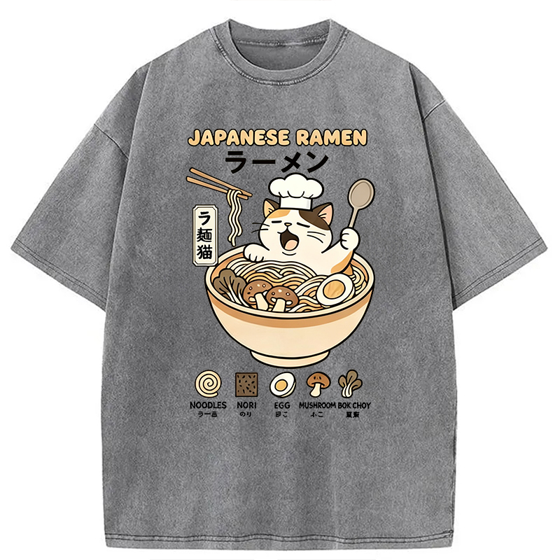 Modecanvas Ramen Cat DTG Printing Washed T-Shirt