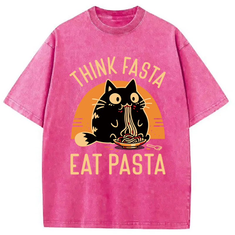 Modecanvas Think Fast Eat Pasta Funny Cat DTG Printing Washed T-Shirt