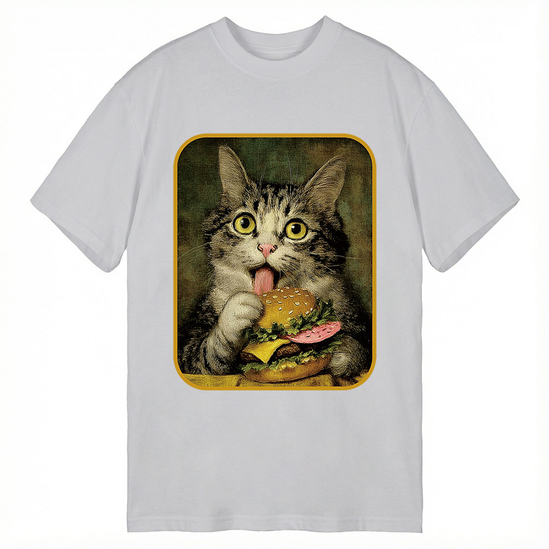 Modecanvas Trying to Eat Burger Funny Cute Cat DTG Printing Classic T-Shirt-modecanvas