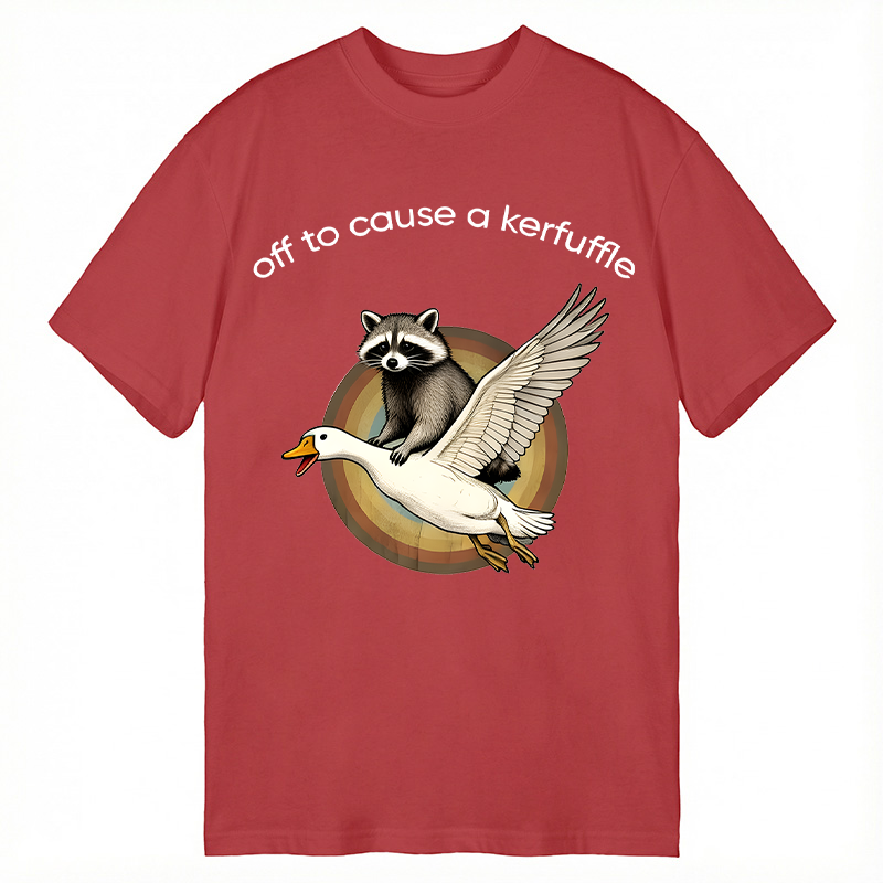 Modecanvas Off To Cause A Kerfuffle Funny Raccoon Riding Silly Goose DTG Printing Classic T-Shirt-modecanvas