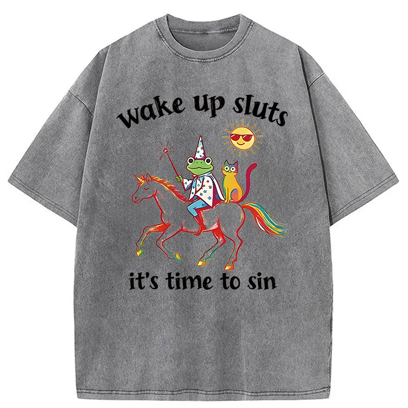 Modecanvas Wake Up Sluts Funny Frog DTG Printing Washed T-Shirt