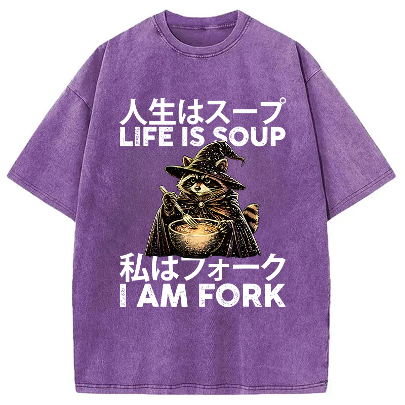 Modecanvas Life is Soup I Am Fork Funny Raccoon Wizard Meme DTG Printing Washed T-Shirt