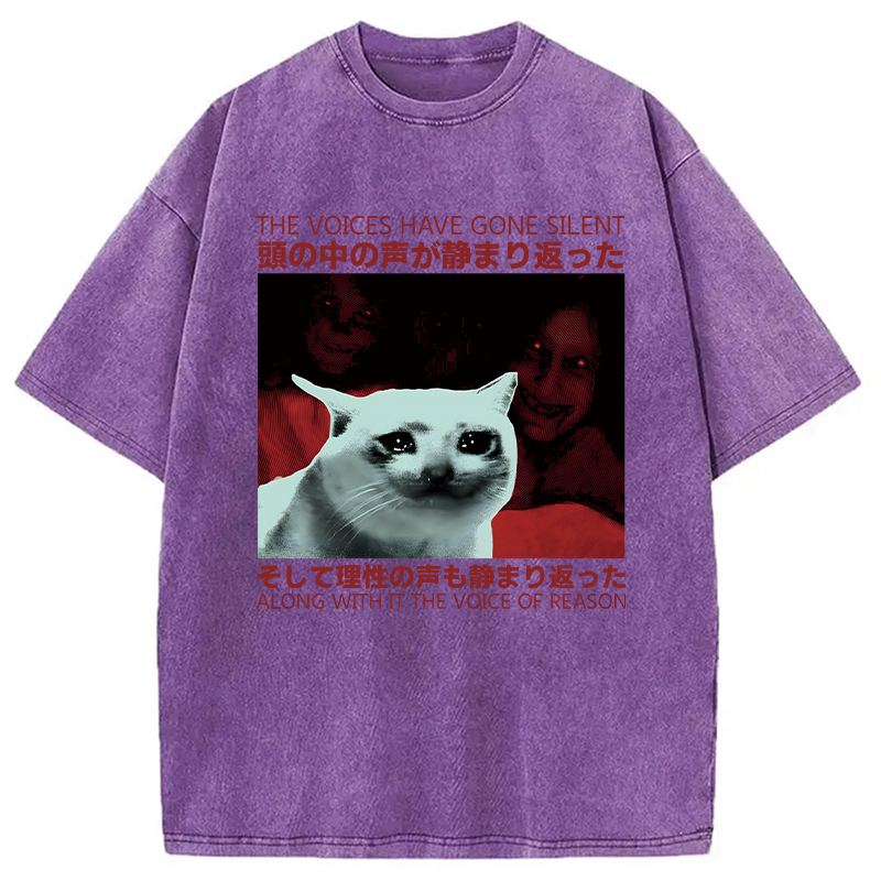 Modecanvas Silent Cat Funny Vintage Japanese DTG Printing Washed T-Shirt