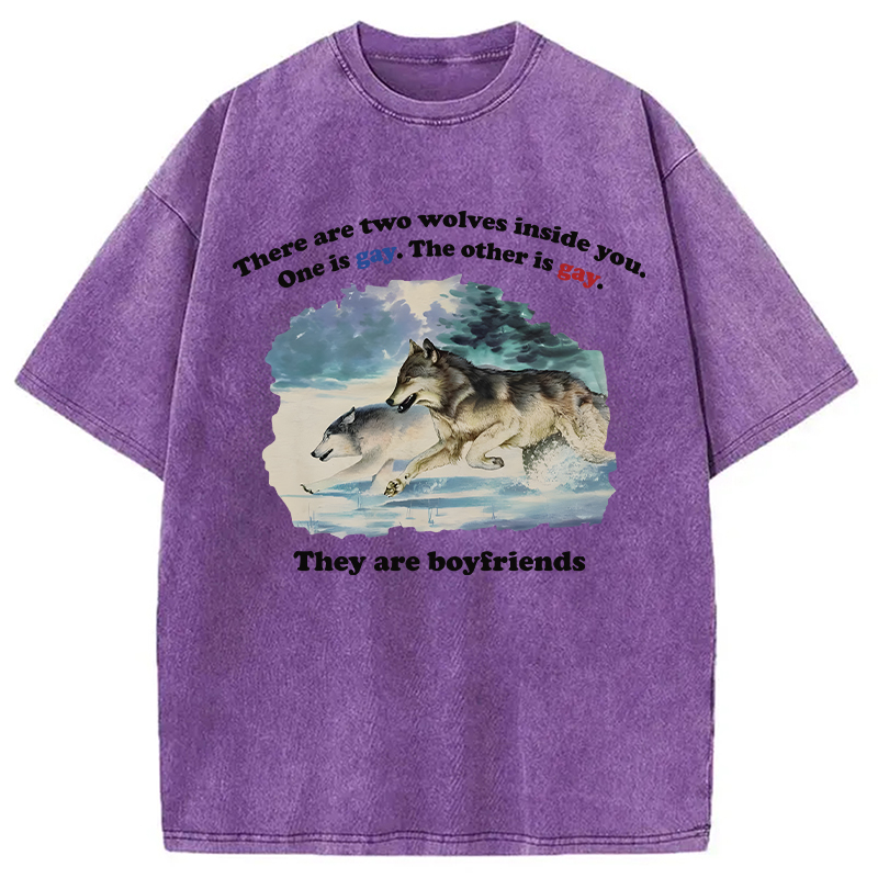 Modecanvas Two Wolves Gay Meme DTG Printing Washed T-Shirt
