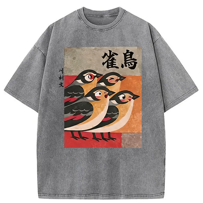 Modecanvas Cute Sparrows DTG Printing Washed T-Shirt