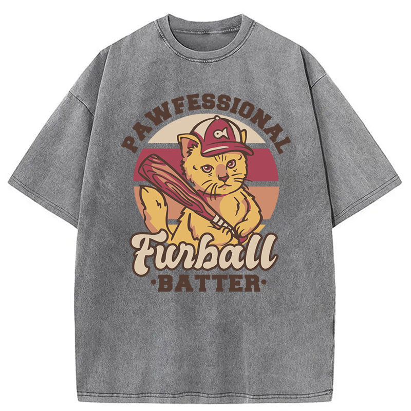 Modecanvas Furball Batter Funny Cat DTG Printing Washed T-Shirt
