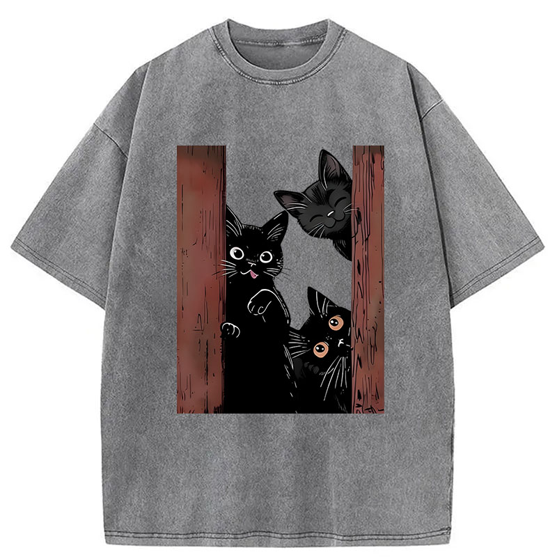 Modecanvas Funny Cats Spying On You DTG Printing Washed T-Shirt