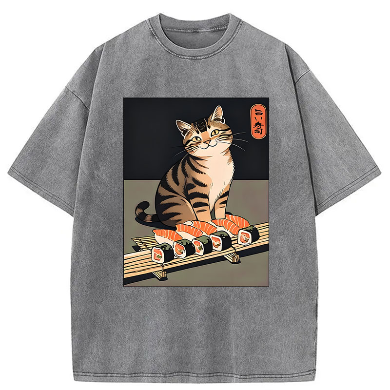Modecanvas Cute Cat Trying To Steal Sushi DTG Printing Washed T-Shirt