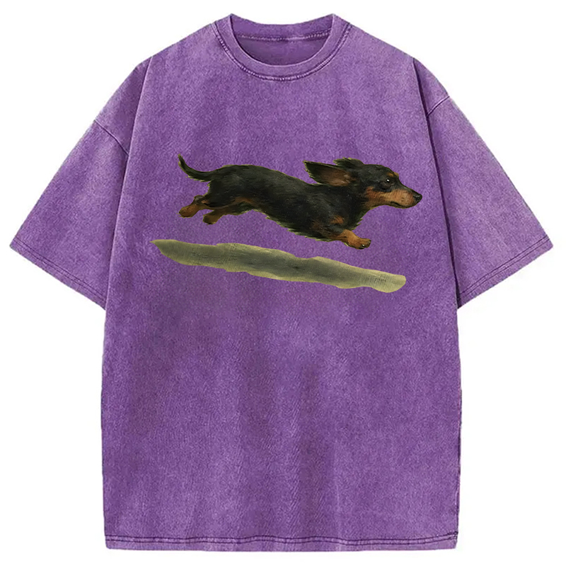 Modecanvas Funny Retro Cute Running Dog DTG Printing Washed T-Shirt