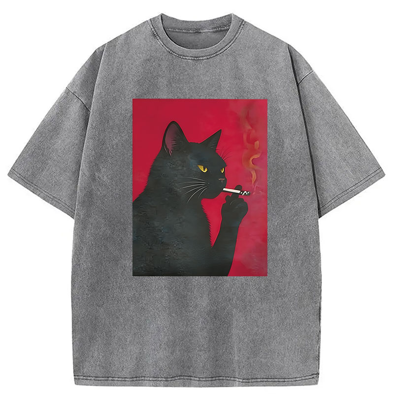 Modecanvas Black Cat Smoking DTG Printing Washed T-Shirt