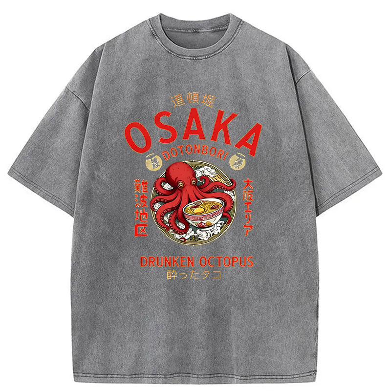 Modecanvas Osaka Drunken Octopus Eating Ramen DTG Printing Washed T-Shirt