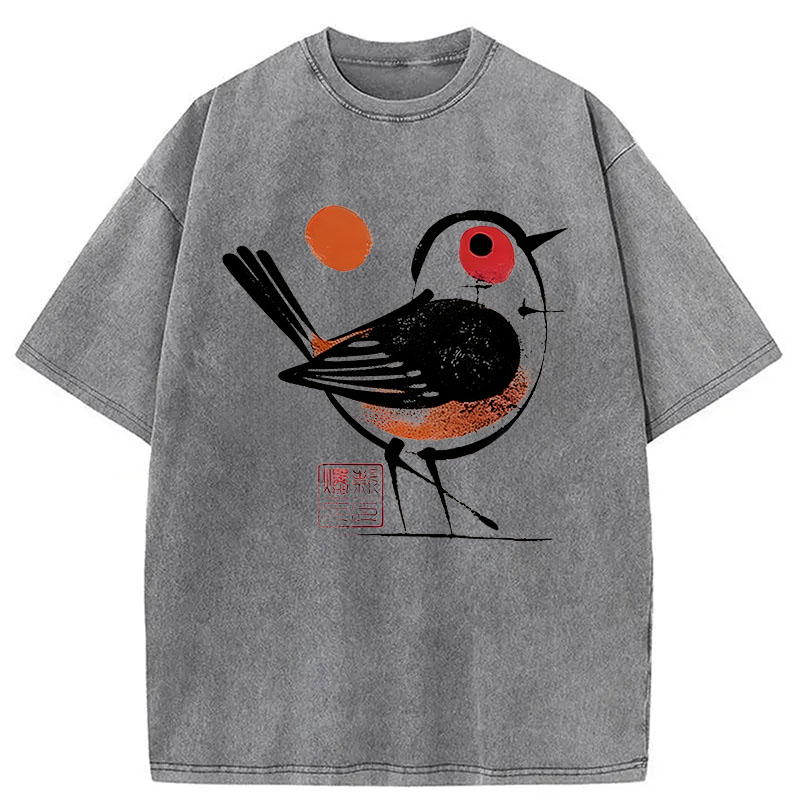 Modecanvas Aesthetic Yellow And Black Bird DTG Printing Washed T-Shirt