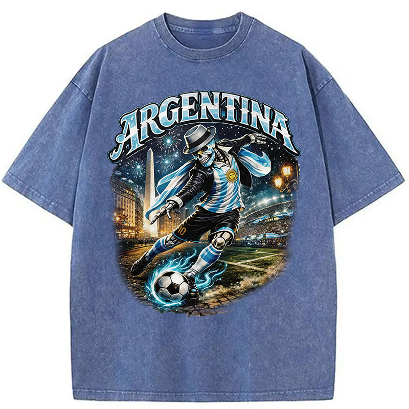 Modecanvas Skull Argentina Football DTG Printing Washed T-Shirt