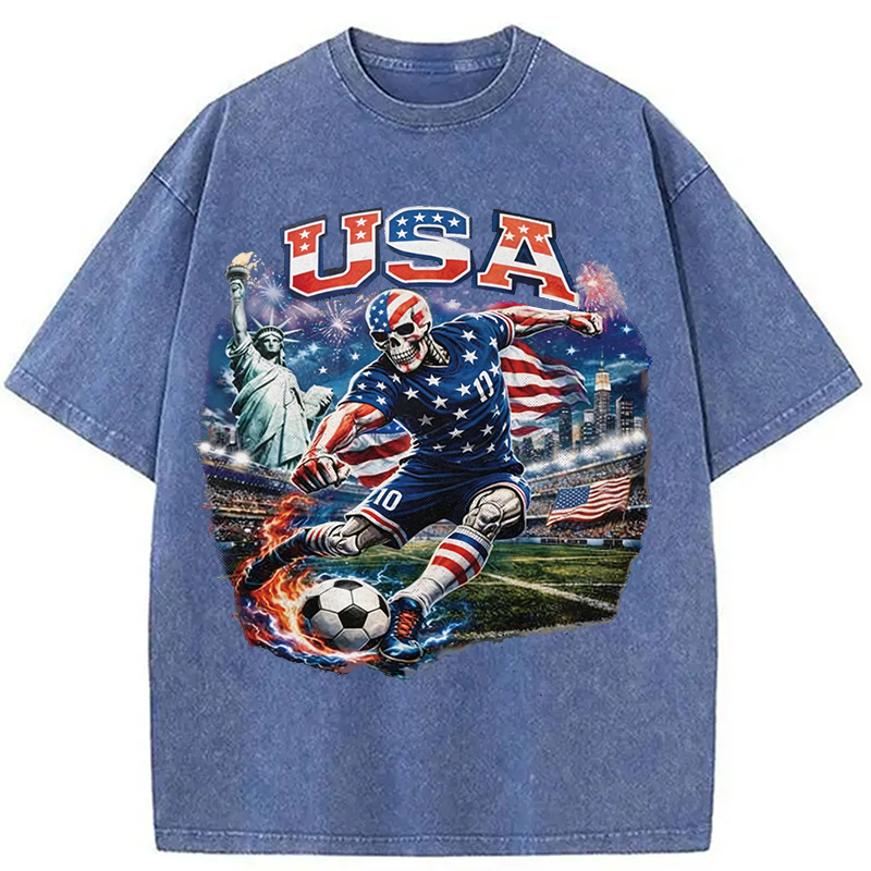 Modecanvas USA Soccer Skull DTG Printing Washed T-Shirt
