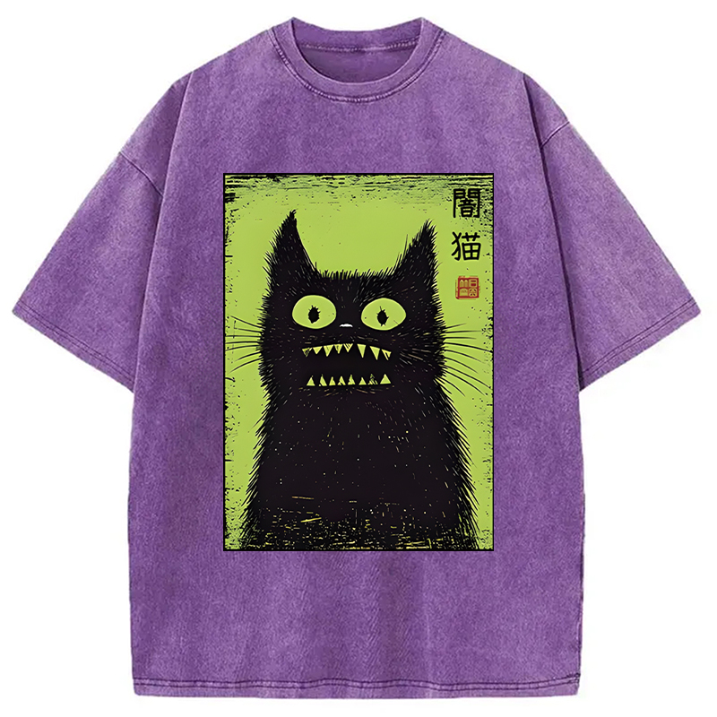 Modecanvas Spooky Black Cat Japanese DTG Printing Washed T-Shirt