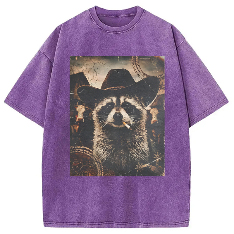 Modecanvas Vintage Weatern Raccoon DTG Printing Washed T-Shirt