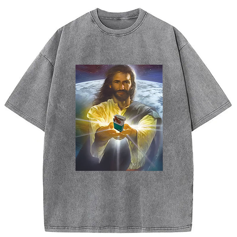Modecanvas Jesus Holding Cigarettes DTG Printing Washed T-Shirt