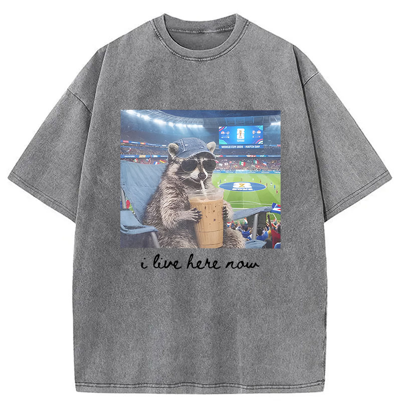 Modecanvas I Live Here Now Raccoon DTG Printing Washed T-Shirt