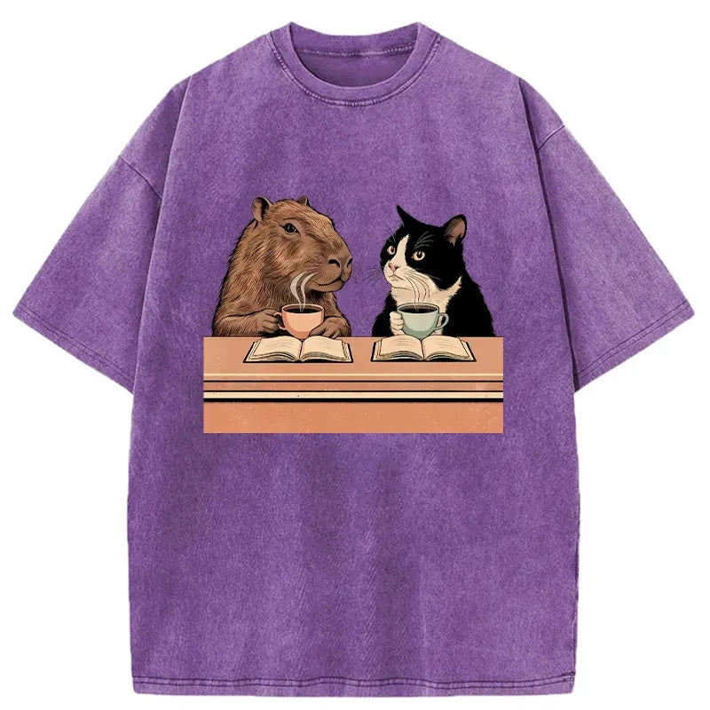 Modecanvas Capybara And Cat Talk Washed T-Shirt-modecanvas