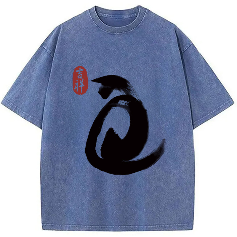 Modecanvas Vintage Ink Cat Washed T-Shirt