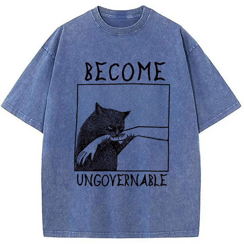 Modecanvas Cat Biting Arm Washed T-Shirt-modecanvas