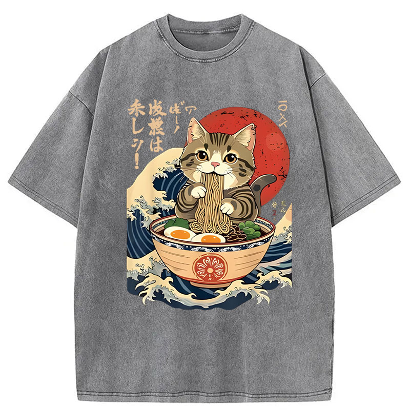 Modecanvas Cat Eating Ramen Noodles DTG Printing Washed T-Shirt