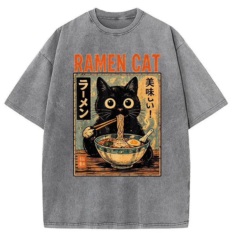Modecanvas Funny Cat Ramen DTG Printing Washed T-Shirt