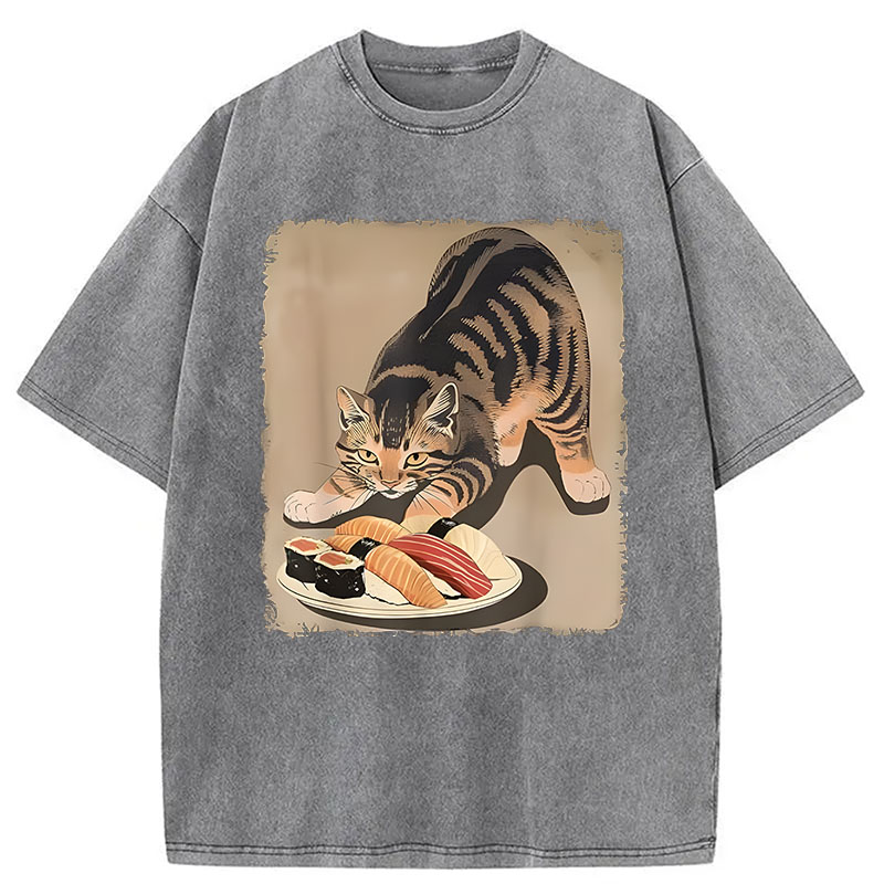 Modecanvas Kawaii Cat Eating Sushi DTG Printing Washed T-Shirt