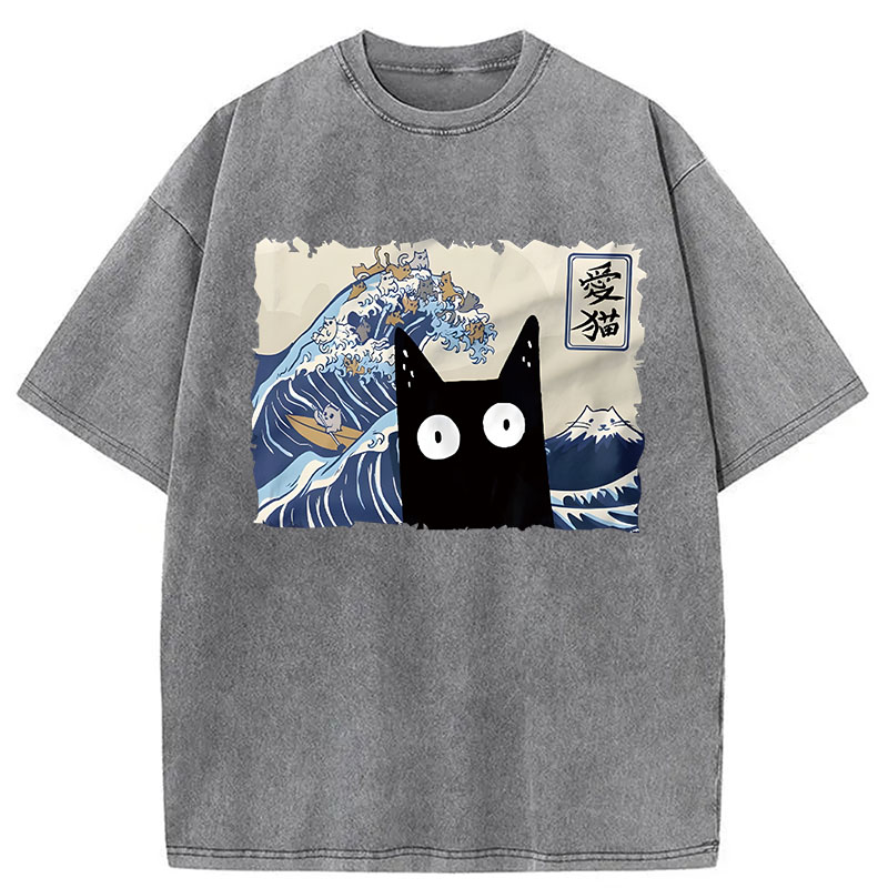Modecanvas Kawaii Cat Japanese Wave DTG Printing Washed T-Shirt