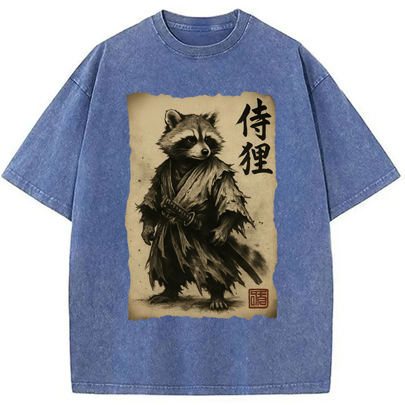 Modecanvas Samurai Raccoon Washed T-Shirt-modecanvas