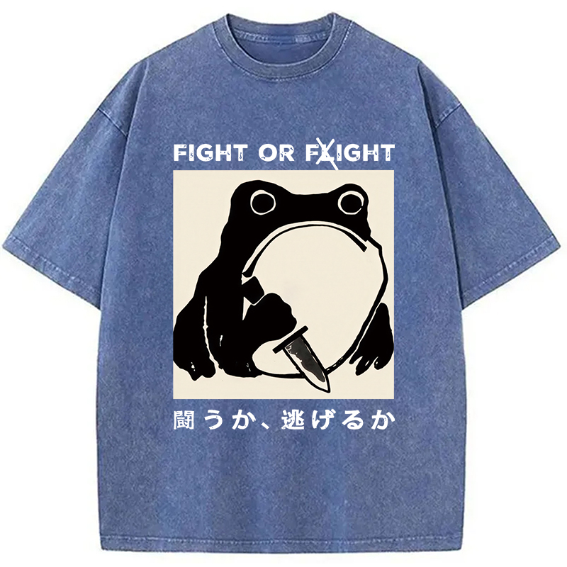 Modecanvas Fight Or Flight Funny Frog Japanese Washed T-Shirt