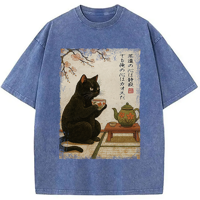 Modecanvas Tea Time With A Black Cat Washed T-Shirt-modecanvas