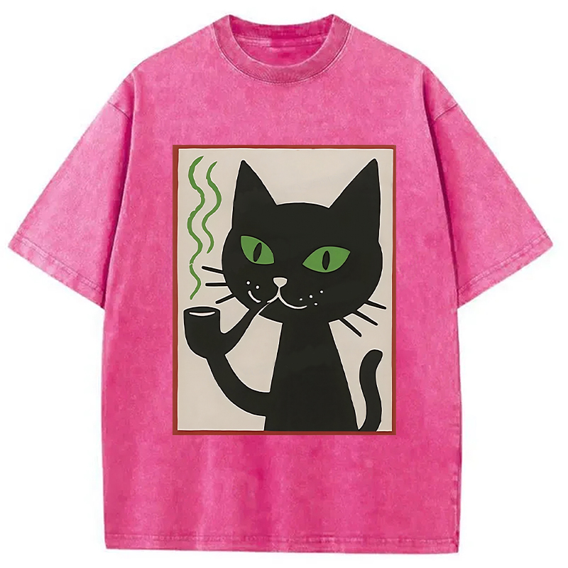 Modecanvas Black Cat Smoking Washed T-Shirt
