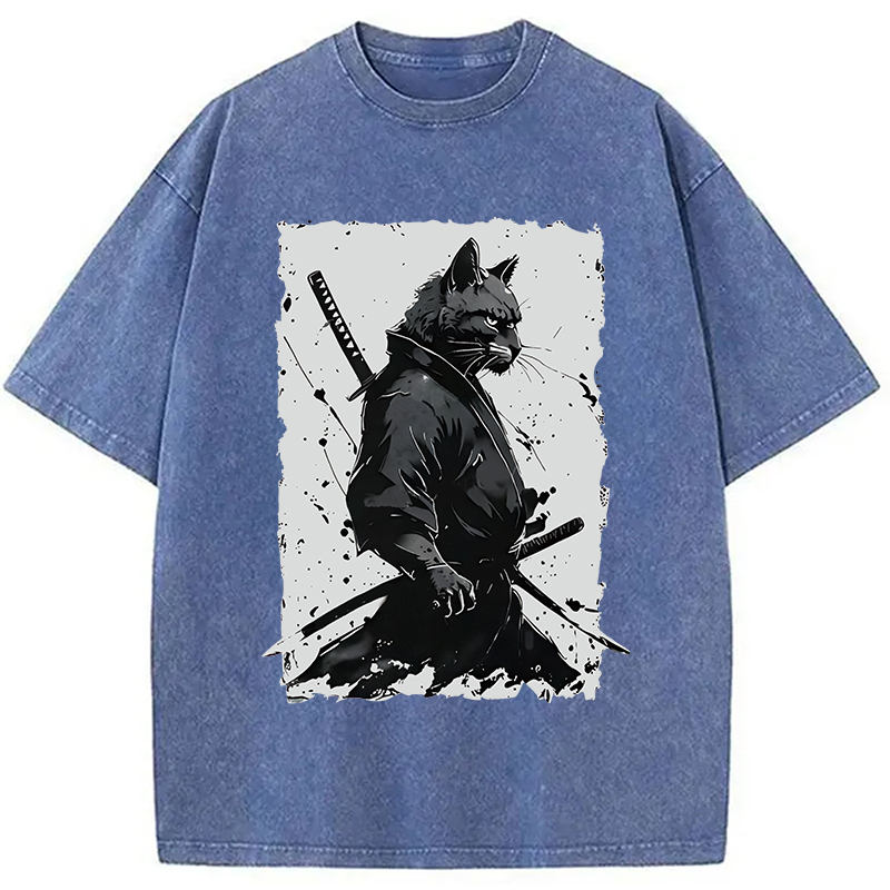 Modecanvas Handsome Samurai Cat Washed T-Shirt