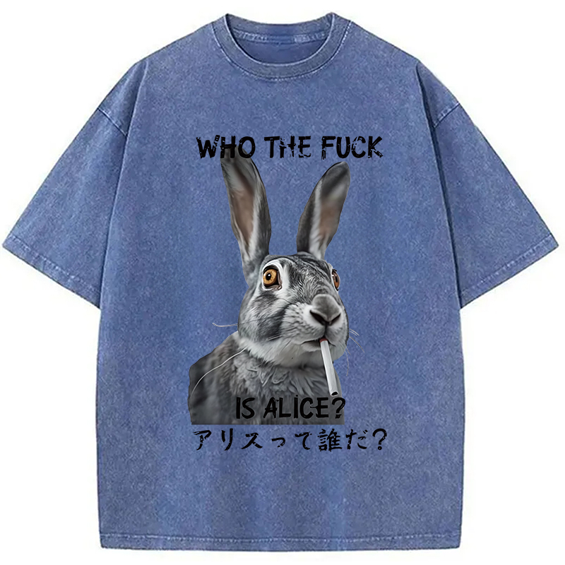 Modecanvas Who The Fvck Is Alice Funny Rabbit Smoking Washed T-Shirt