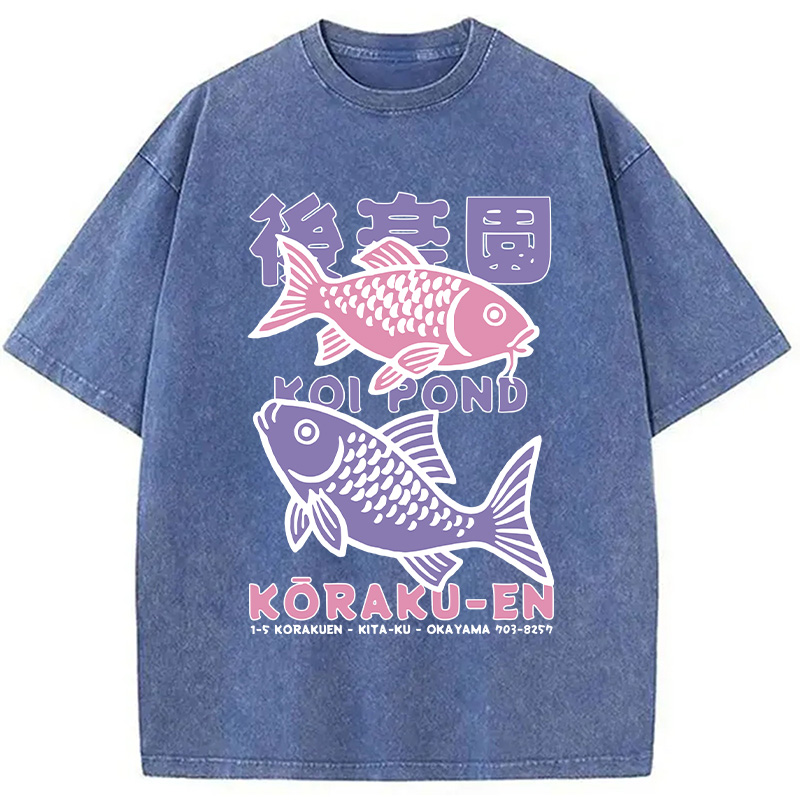 Modecanvas Koi Fish Pond Japanese Washed T-Shirt