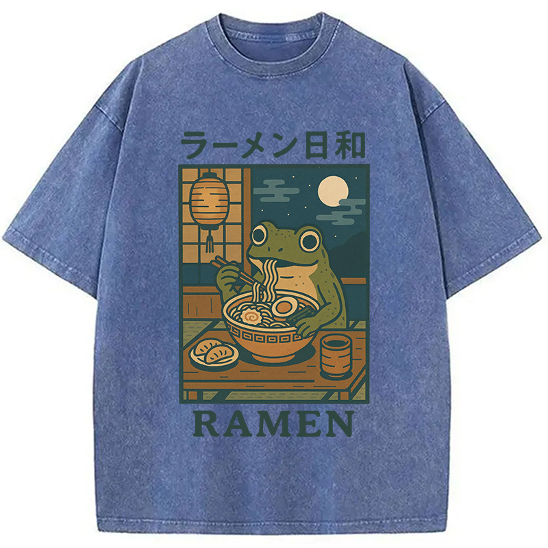 Modecanvas Japanese Frog Eating Ramen Washed T-Shirt-modecanvas