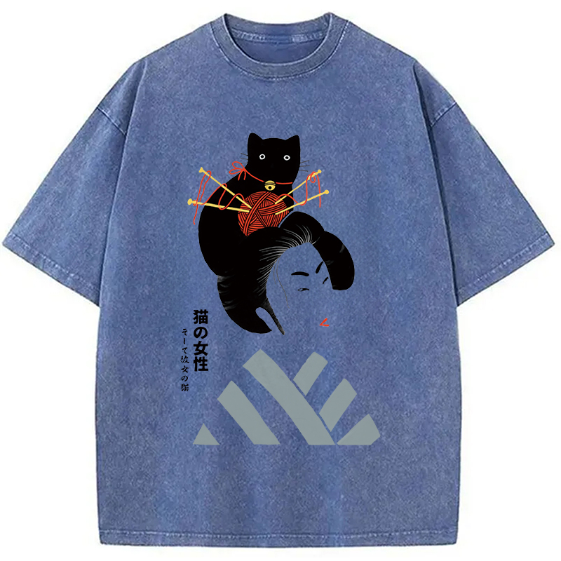 Modecanvas Geisha And Cat Washed T-Shirt