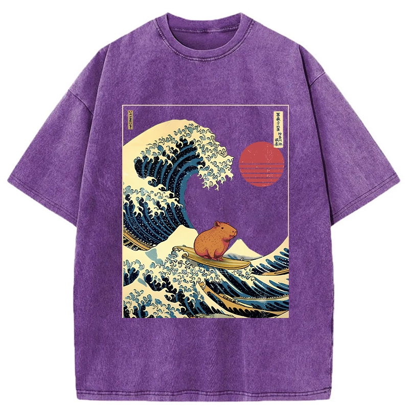Modecanvas Capybara Surfing Washed T-Shirt-modecanvas