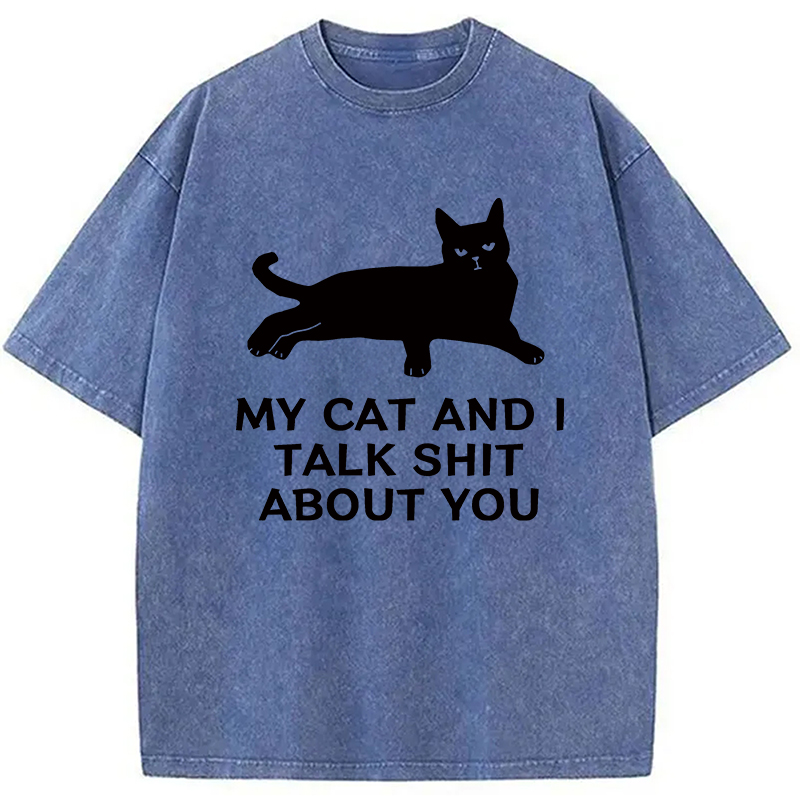 Modecanvas Gossiping Black Cat Washed T-Shirt-modecanvas
