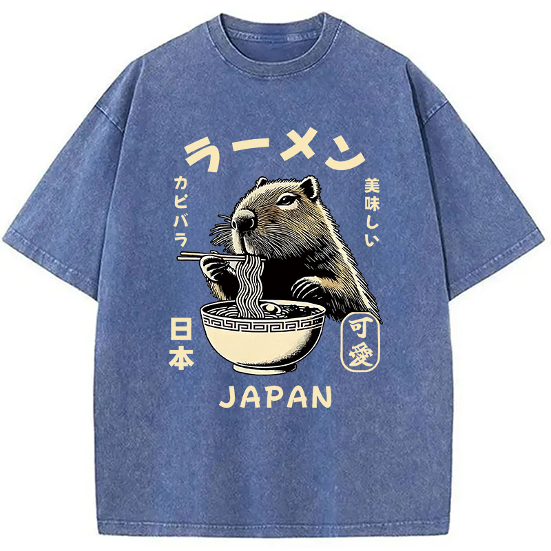 Modecanvas Retro Capybara Eating Ramen Japanese Washed T-Shirt