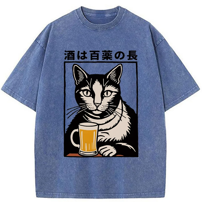 Modecanvas Cat And Beer Japanese Washed T-Shirt