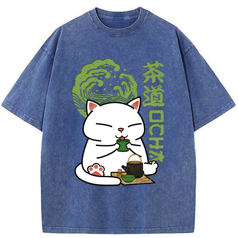 Modecanvas Cat Tasting Tea Washed T-Shirt